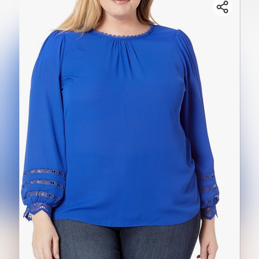 Blue Blouson blouse with lace sleeve detail